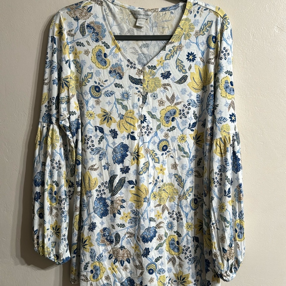 SOLD.   Christopher and Banks Top, print white, blue and yellow. Size L